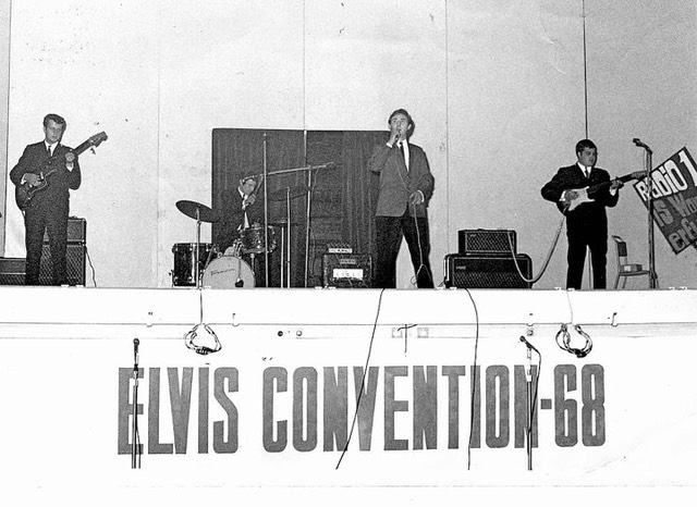 Dave Kaye and The Dykons on stage during the 1968 Leicester Elvis Presley fan club convention at the De Montfort Hall